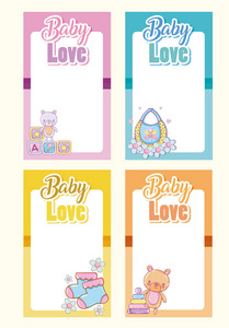 一套婴儿爱卡，空白框架和可爱的卡通矢量插图平面设计