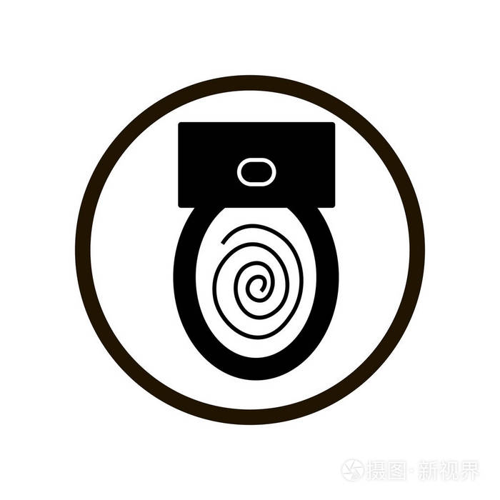 简单的马桶冲水标志在一个黑色的圈子查出在白色背景关闭顶部视图