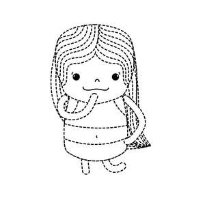 虚线形状女孩,长发,思考脸矢量插图照片
