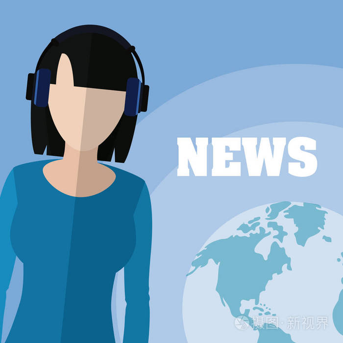 世界各地带着耳机的女新闻记者矢量插图