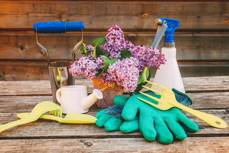 园艺工具浇水，可以铲铲子，耙，手套，丁香花在谷仓的木桌上。 春天或夏天在花园里。 生态自然园艺爱好概念背景