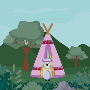 猫头鹰在森林可爱卡通矢量插图平面设计