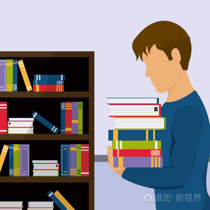 有书的青年学生,图书馆矢量插图,平面设计