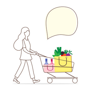 矢量插图与妇女携带购物车与食品和饮料从超市。 购物概念。 广告横幅或印刷品的设计。