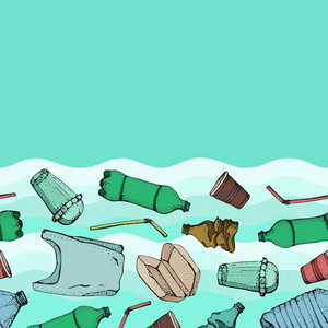 塑料污染无缝模式.向量例证手绘涂鸦符号汇集.