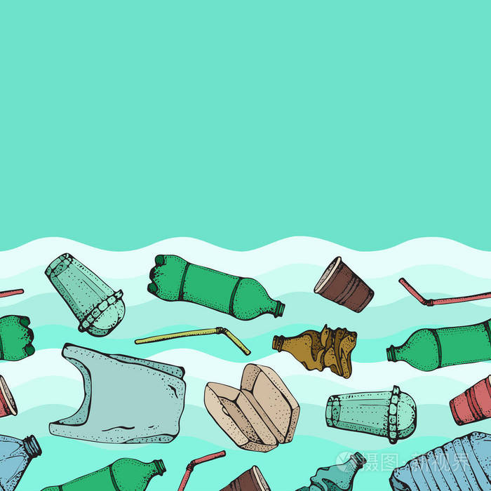 塑料污染无缝模式向量例证手绘涂鸦符号汇集袋子瓶子包装污染一次性菜