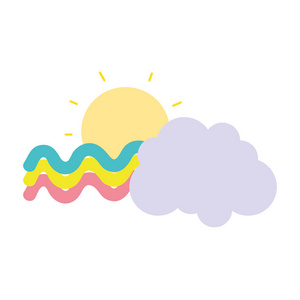 彩色的太阳和明亮的彩虹，天空中的云矢量插图