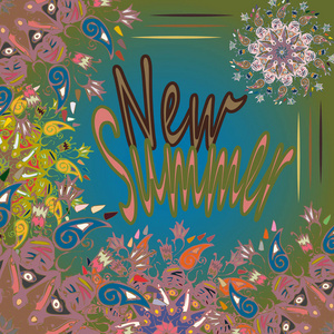 新的夏天，Zentangle灵感艺术复古卡设计与涂鸦在明亮的颜色。