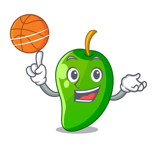 篮球青芒果放在卡通画篮中矢量插图照片