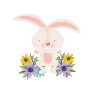 复活节兔子与花隔离图标矢量插图
