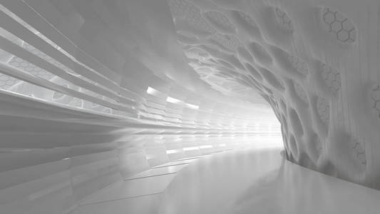 抽象现代未来主义和有机建筑的形状的圆形隧道与光背景。3d 渲染插图