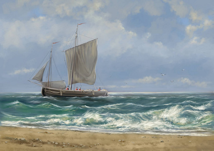 画海景观老帆船在海上。 好艺术。