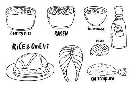 最常见的日本料理的可爱涂鸦风格的插图包