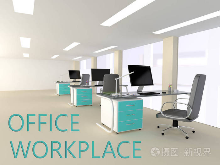办公室工作场所概念与文本横幅和三维渲染插图开放空间办公室