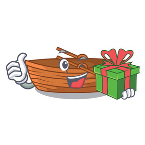 带礼物的木船在海上航行字符矢量插图