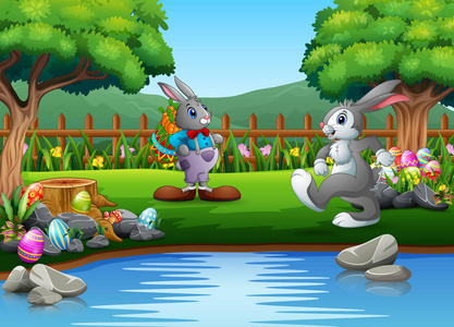 卡通复活节兔子在公园里玩
