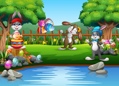 卡通复活节兔子在公园里玩