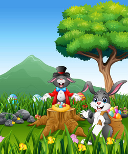 兔子在树桩上玩魔法