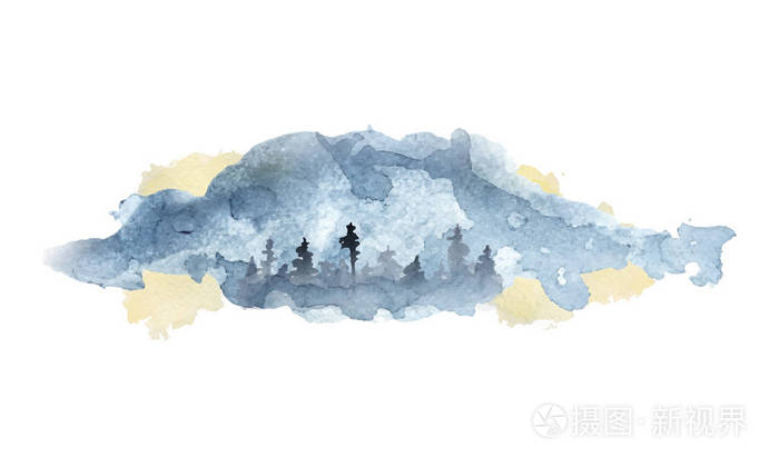 森林的水彩抽象剪影与松树