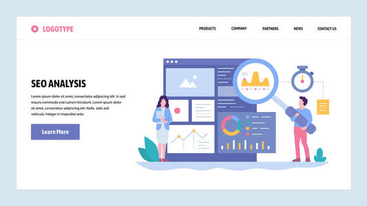 矢量网站梯度设计模板。seo 分析和优化。在线营销和关键字建议。用于网站和移动开发的着陆页概念。现代平的例证