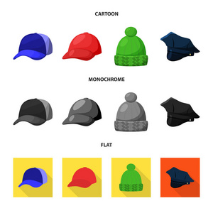服装和帽子标志的向量例证。收集的服装和贝雷帽矢量图标股票
