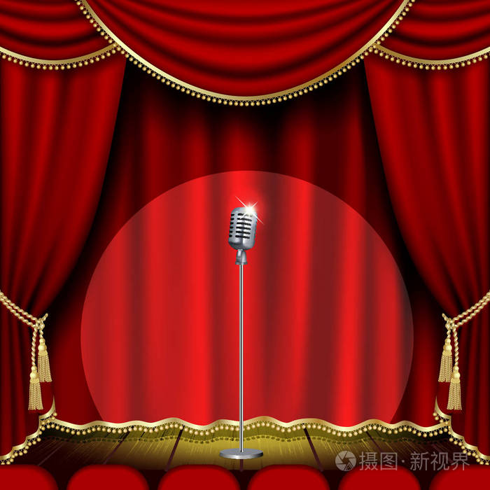 带有麦克风和红色幕布的剧院舞台. 剪裁面具. 网格.插画-正版商用图片