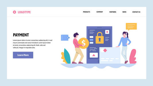 矢量网站梯度设计模板。在线货币支付。数字银行和安全支付。用于网站和移动开发的着陆页概念。现代平的例证