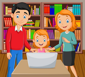 卡通幸福家庭观看笔记本电脑的矢量插图照片