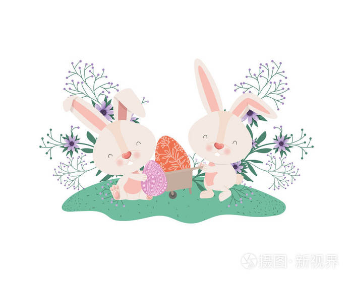 有手推车和复活节彩蛋图标的兔子