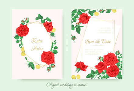 红玫瑰和树叶的婚礼邀请函图片
