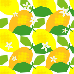 无缝图案与装饰柠檬叶和花。 多边形。 可爱的卡通。 夏日花园。 矢量图。 可用于壁纸纺织邀请卡包裹网页背景。