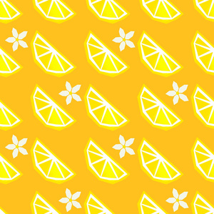 无缝图案与装饰柠檬叶和花。 多边形。 可爱的卡通。 夏日花园。 矢量图。 可用于壁纸纺织邀请卡包裹网页背景。
