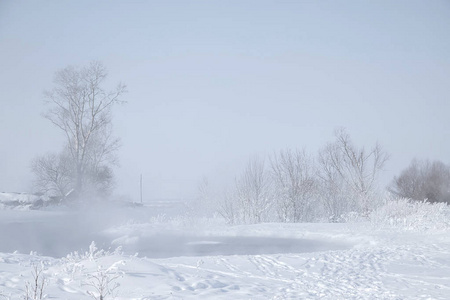 美丽的冬季景观，河和雪覆盖的海岸蓝天