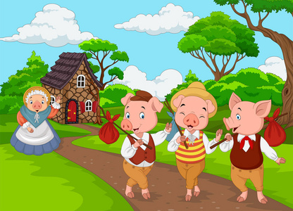 猪萌图卡通猪妈妈和三只小猪的矢量图照片