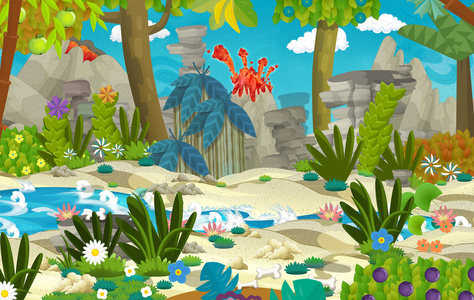 卡通场景,河附近的丛林和火山,背景插图为儿童.照片