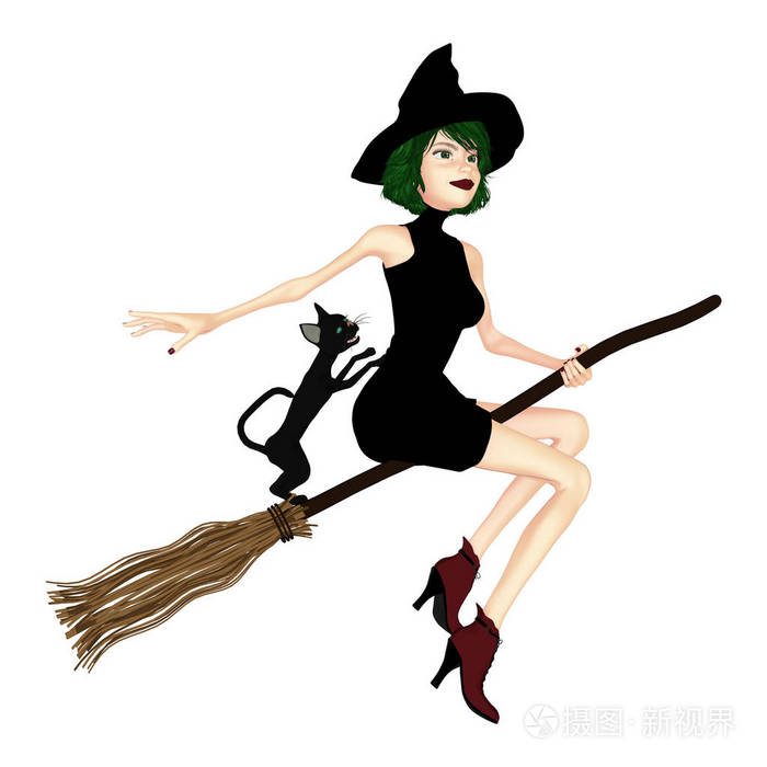 一个年轻女巫和她的猫在扫帚上飞翔的插图.