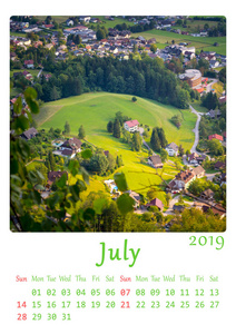 A4可打印2019年7月日历月。 自然极简主义日历。
