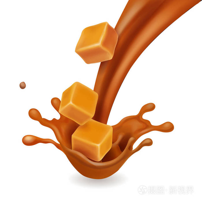 焦糖糖果在飞溅现实的向量
