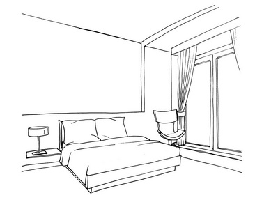 平面素描卧室,床,椅子,衬垫照片