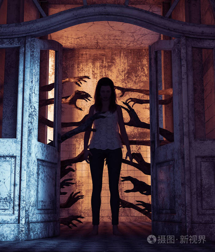 在一个闹鬼的房子里,一只手不死的手在门后缠着那个女孩