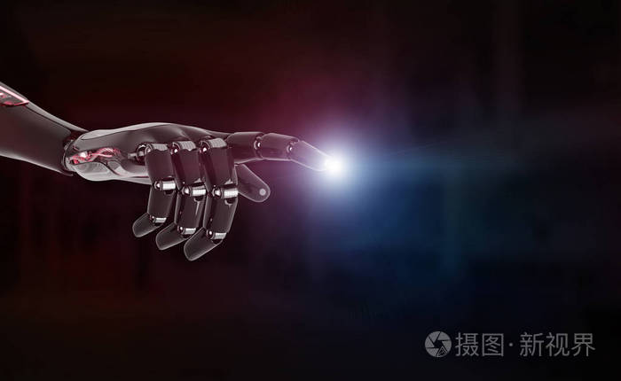 红色机器人手指向手指黑暗背景3d渲染