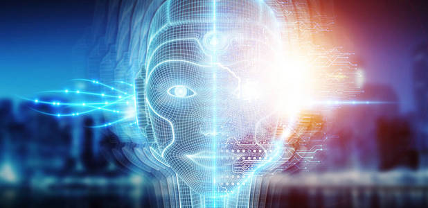 机器人女性半机人脸代表人工智能概念3d渲染照片