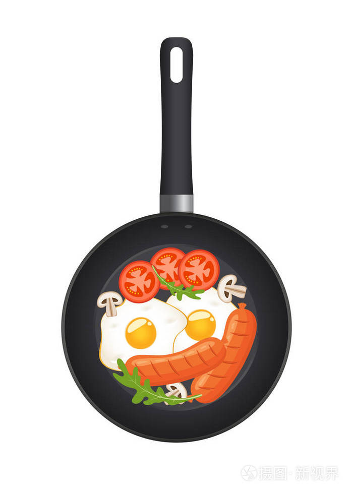 热煎锅与煎蛋香肠蘑菇西红柿和生菜顶视图隔离在白色背景上向量例证