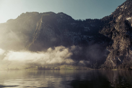 山中森林的景色，湖边雾中的景色