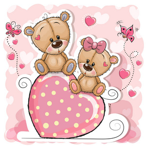 两只卡通熊坐在粉红色背景上的心脏上
