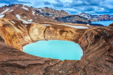 惊人的自然景观，维特火山口地热湖和奥斯卡朱瓦特湖在冰岛的阿斯卡卡尔德拉高地。 风景全景室外旅游背景