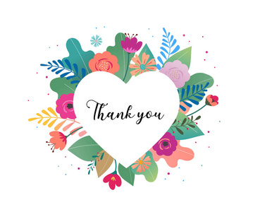 谢谢支持谢谢你的卡.大的白色心脏与五颜六色的花在背景照片