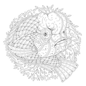 可爱的墨鱼在白色背景上,在藻类中绘制了一条墨鱼的手绘草图.