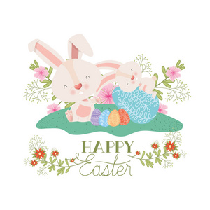 快乐复活节标签与鸡蛋和鲜花图标