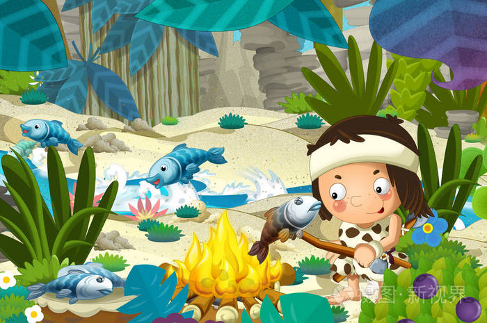 河边史前渔民为儿童烤鱼的卡通场景